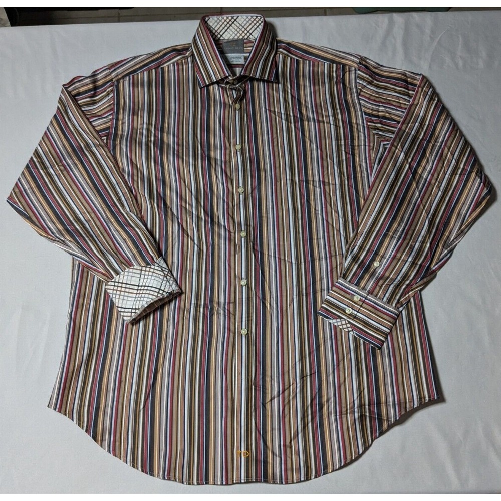 TD THOMAS DEAN Men Size XL‎ Brown Cotton Striped Button-Up Dress Shirt NEW